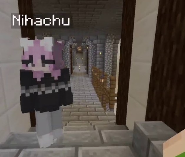 A screenshot from Phil's stream. He traveled to Niki's underground city to personally hand over Techno's Syndicate invite to her. Niki has changed into a different skin and is wearing a thick black sweater with two horizontal stripes, light grey pants, white shoes, and cat ears on her head. Her hair has also been dyed pastel pink. Behind Niki stretches one of the city's main corridors, made out of stone brick flooring, walled in by cobblestone pillars and oak fences.